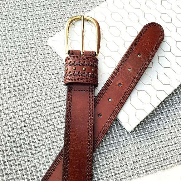 Dockers Braided and Stitched Studded Oversized Buckle Leather Belt XL Brown - Picture 4 of 12